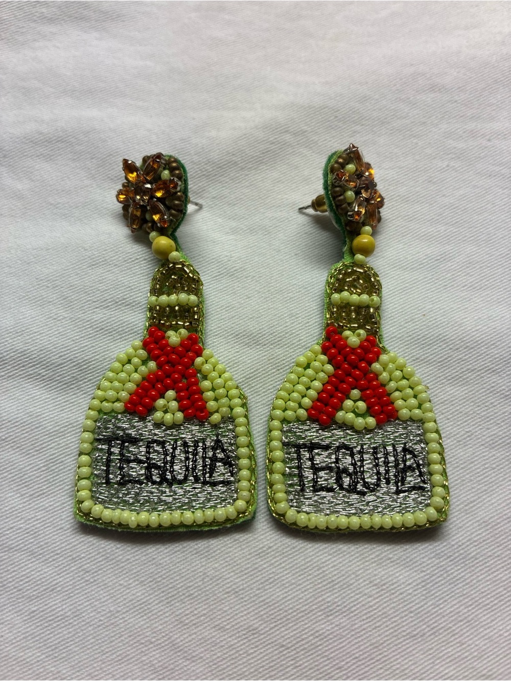 Beaded Green Tequila Bottle Statement Earrings - Unbranded
